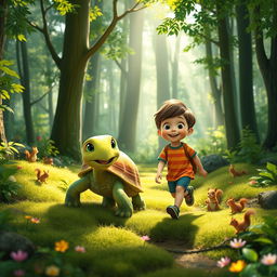An animated image of a joyful turtle and a cheerful child exploring a lush green forest