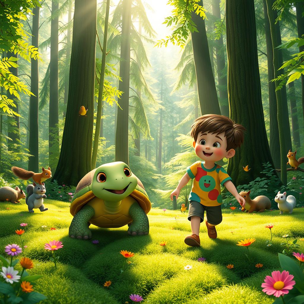 An animated image of a joyful turtle and a cheerful child exploring a lush green forest