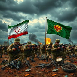 A dramatic battlefield scene illustrating the conflict between the Islamic Republic Army and the Free Iran Army