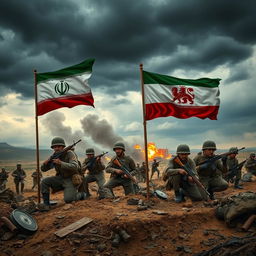 A dramatic battlefield scene illustrating the conflict between the Islamic Republic Army and the Free Iran Army