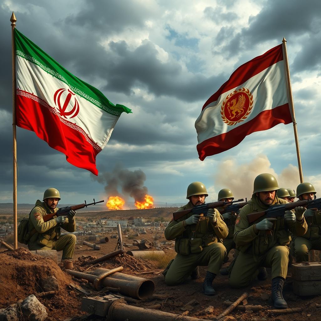 A dramatic battlefield scene illustrating the conflict between the Islamic Republic Army and the Free Iran Army