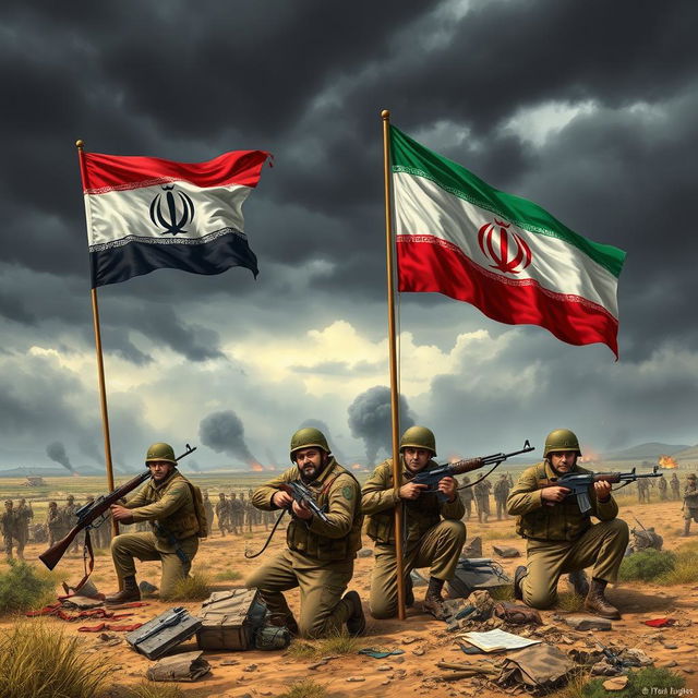 A dramatic battlefield scene illustrating the conflict between the Islamic Republic Army and the Free Iran Army