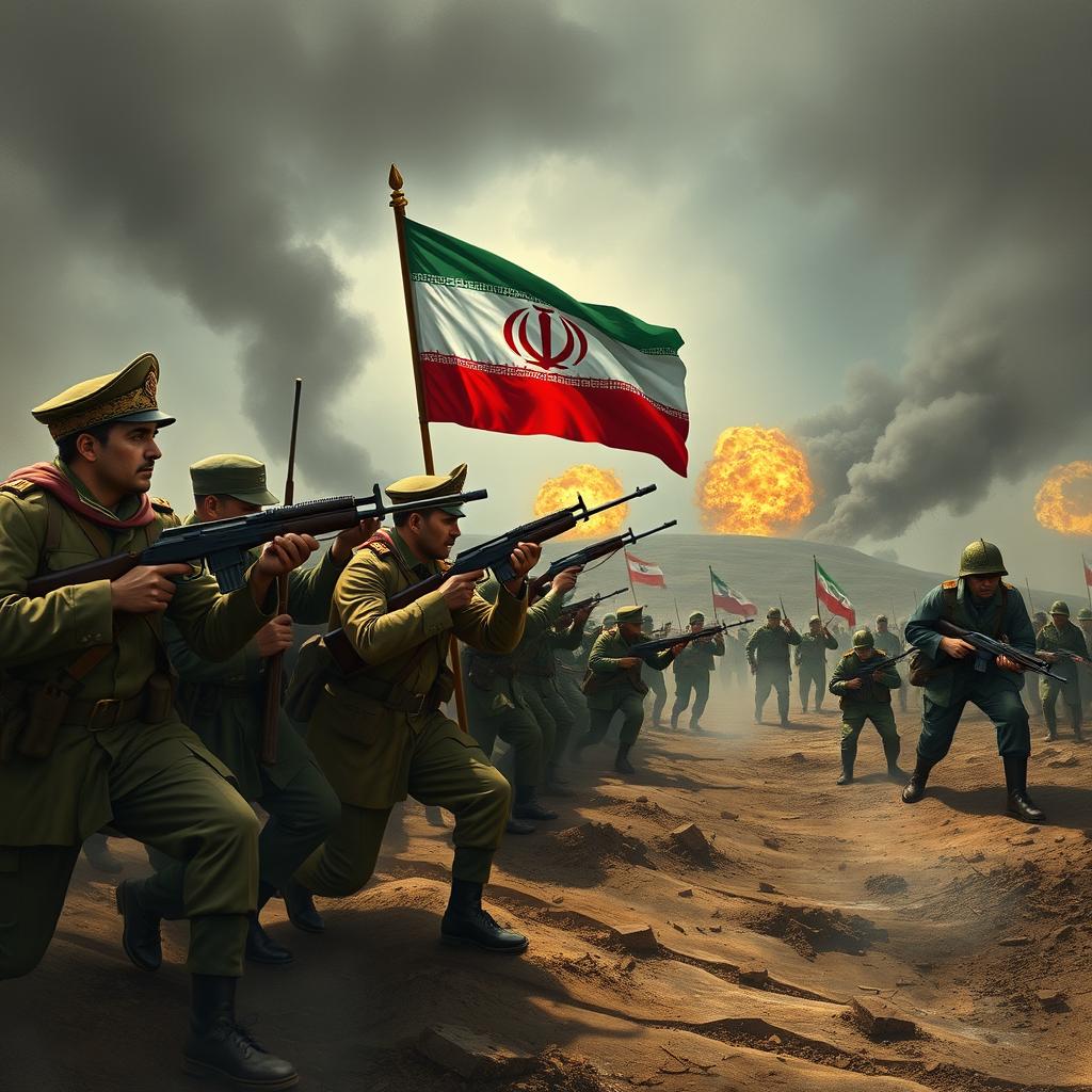 A dramatic portrayal of a historical battlefield scene depicting a conflict between the Islamic Republic Army and the Free Iranian Army