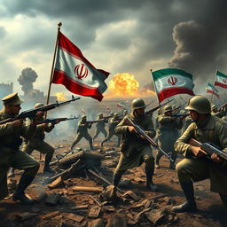 A dramatic portrayal of a historical battlefield scene depicting a conflict between the Islamic Republic Army and the Free Iranian Army