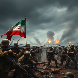 A dramatic portrayal of a historical battlefield scene depicting a conflict between the Islamic Republic Army and the Free Iranian Army