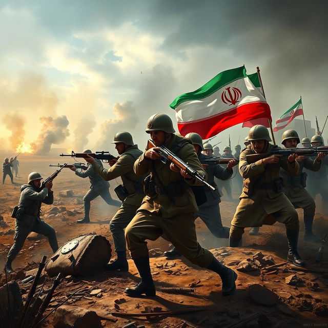 A dramatic portrayal of a historical battlefield scene depicting a conflict between the Islamic Republic Army and the Free Iranian Army