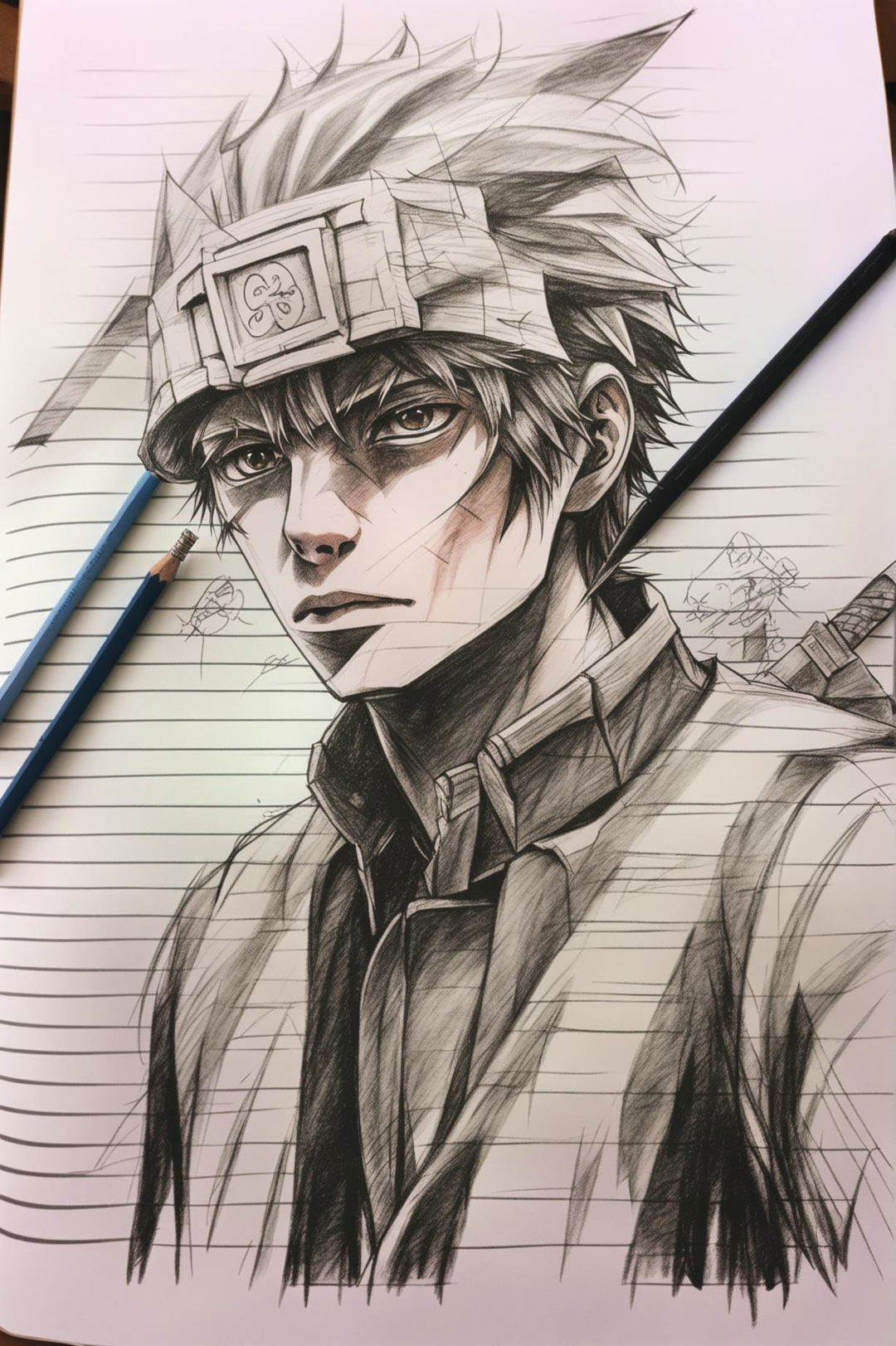 This is a high-quality pencil sketch of Satoru Gojo from Jujutsu Kaisen on lined paper