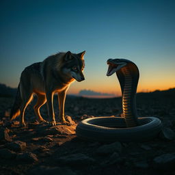 A fierce wolf standing on rocky terrain, its sharp, intense eyes locked onto a nearby cobra that is coiled, poised to strike