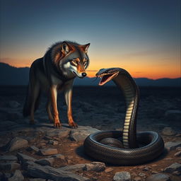 A fierce wolf standing on rocky terrain, its sharp, intense eyes locked onto a nearby cobra that is coiled, poised to strike