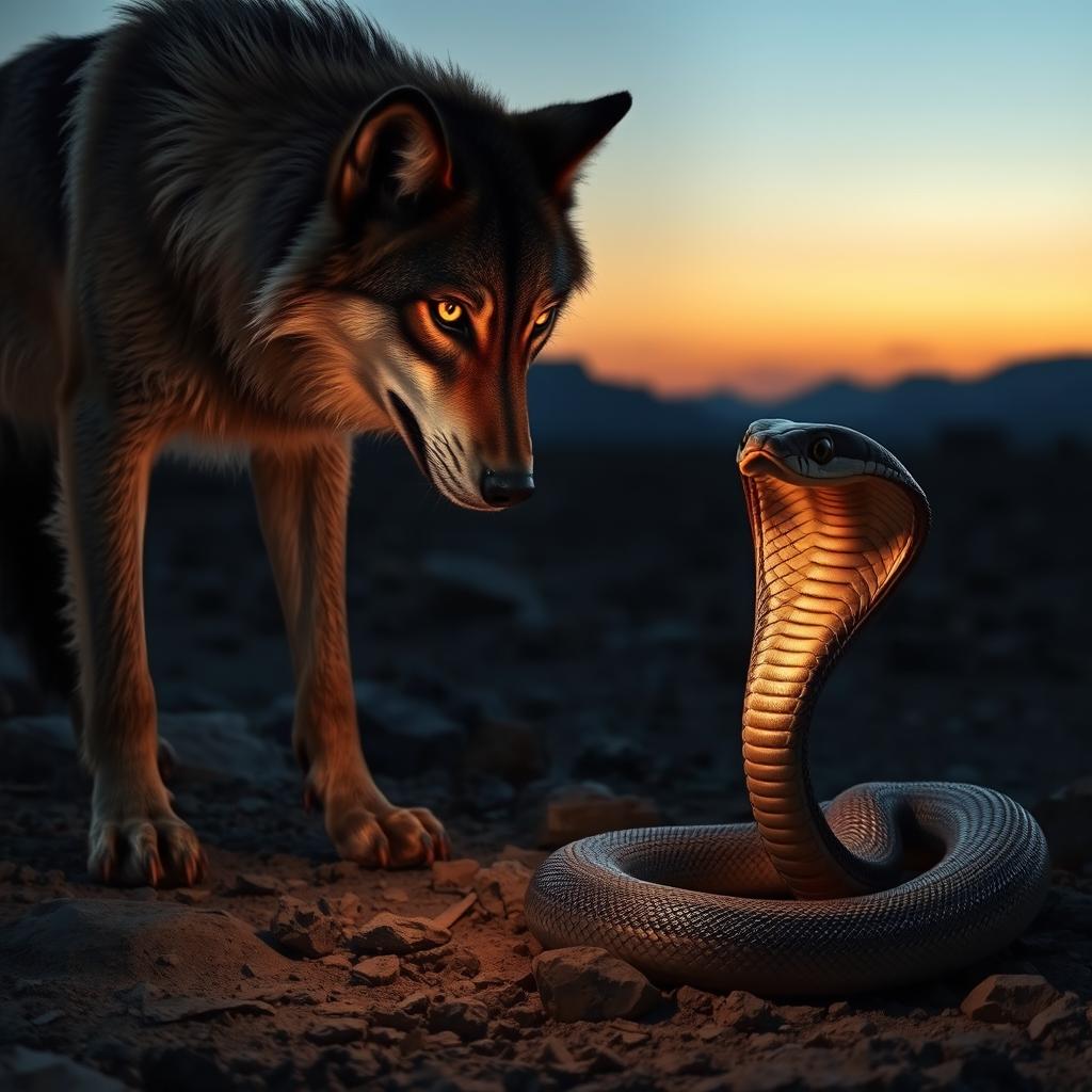 A fierce wolf standing on rocky terrain, its sharp, intense eyes locked onto a nearby cobra that is coiled, poised to strike