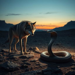 A fierce wolf standing on rocky terrain, its sharp, intense eyes locked onto a nearby cobra that is coiled, poised to strike
