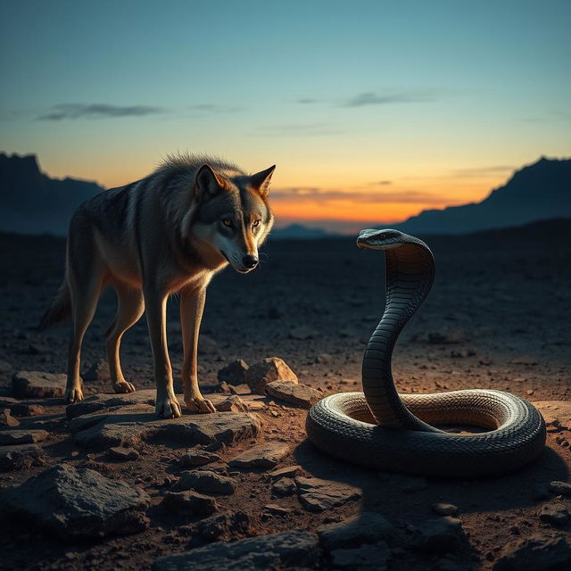 A fierce wolf standing on rocky terrain, its sharp, intense eyes locked onto a nearby cobra that is coiled, poised to strike