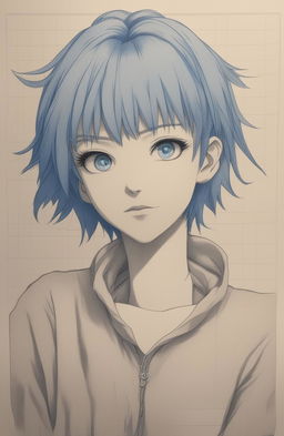 A detailed pencil sketch on lined paper of a blue-haired girl, drawn in the style of Jujutsu Kaisen