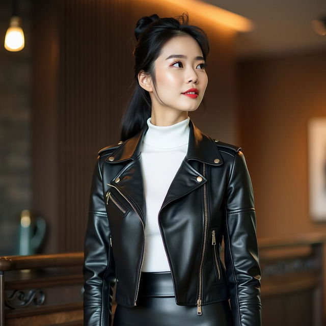 A very beautiful and classy Chinese office lady dressed in a stylish black leather jacket, a form-fitting tight leather skirt, and a chic white turtleneck shirt