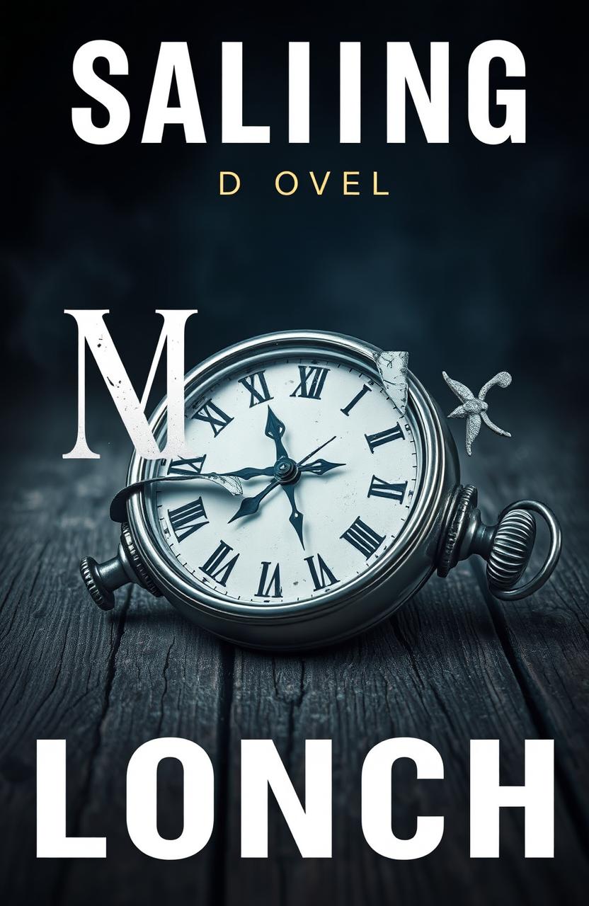 A striking novel cover featuring a single, broken clock with its hands stuck at midnight, lying on an old wooden table