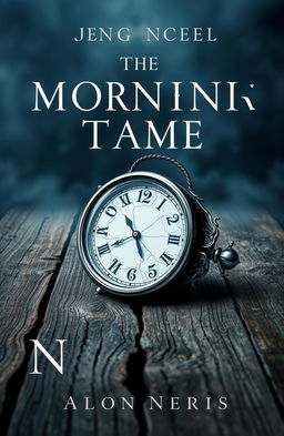 A striking novel cover featuring a single, broken clock with its hands stuck at midnight, lying on an old wooden table