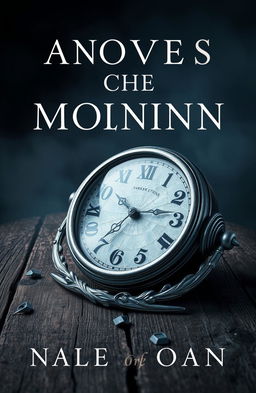 A striking novel cover featuring a single, broken clock with its hands stuck at midnight, lying on an old wooden table