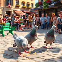 An animated image of four pigeons happily pecking at crumbs in a bustling plaza, surrounded by various people enjoying their day