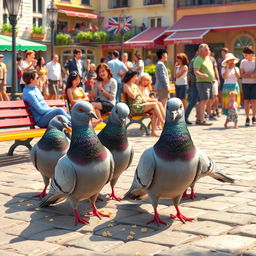 An animated image of four pigeons happily pecking at crumbs in a bustling plaza, surrounded by various people enjoying their day