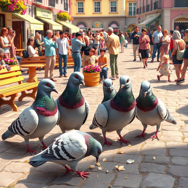 An animated image of four pigeons happily pecking at crumbs in a bustling plaza, surrounded by various people enjoying their day