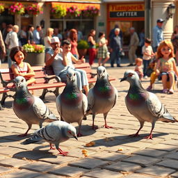 An animated image of four pigeons happily pecking at crumbs in a bustling plaza, surrounded by various people enjoying their day