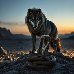 A fierce wolf standing majestically on rocky terrain, its sharp, piercing eyes locked onto a cobra coiled nearby, poised to strike