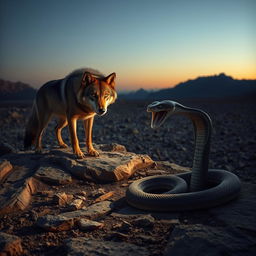 A fierce wolf standing majestically on rocky terrain, its sharp, piercing eyes locked onto a cobra coiled nearby, poised to strike