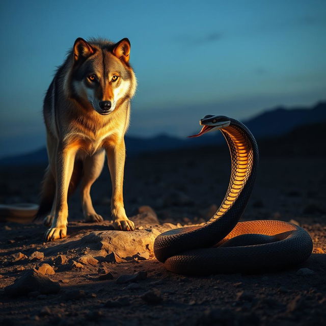 A fierce wolf standing majestically on rocky terrain, its sharp, piercing eyes locked onto a cobra coiled nearby, poised to strike