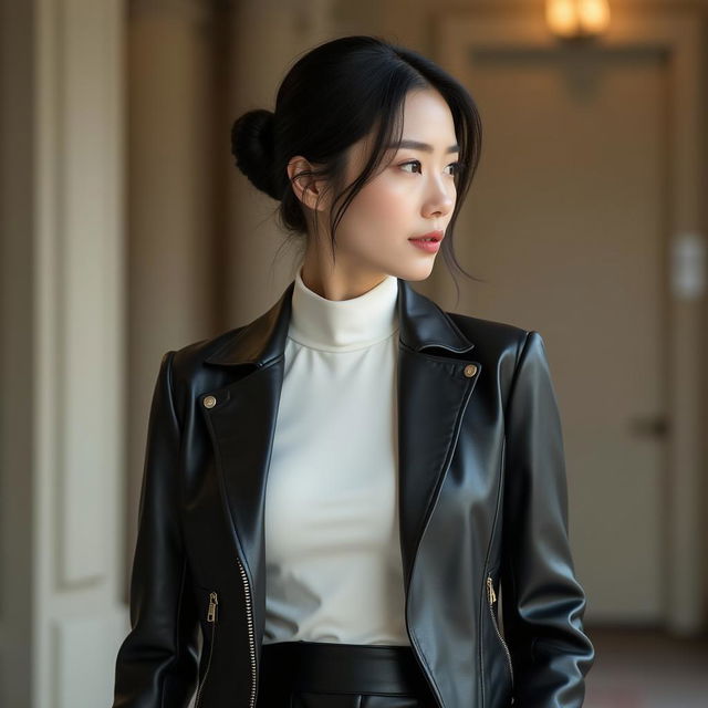 A very beautiful and classy Chinese office lady dressed in a stylish black leather jacket, a form-fitting tight leather skirt, and a chic white turtleneck shirt