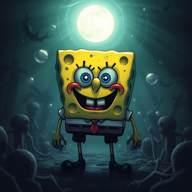 A spooky interpretation of SpongeBob SquarePants, featuring a haunted underwater environment with eerie shadows and ghostly elements