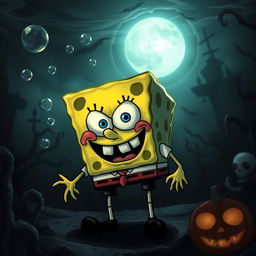 A spooky interpretation of SpongeBob SquarePants, featuring a haunted underwater environment with eerie shadows and ghostly elements