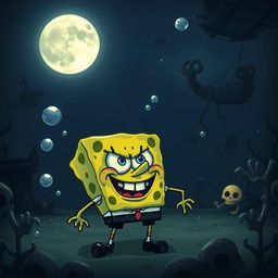 A spooky interpretation of SpongeBob SquarePants, featuring a haunted underwater environment with eerie shadows and ghostly elements