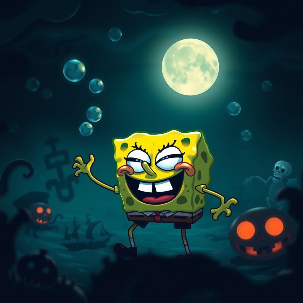 A spooky interpretation of SpongeBob SquarePants, featuring a haunted underwater environment with eerie shadows and ghostly elements