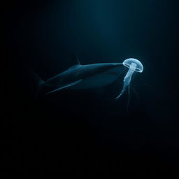 A large shark gliding through the deep ocean, showcasing its powerful body cutting through the dark, mysterious waters
