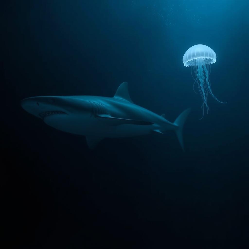 A large shark gliding through the deep ocean, showcasing its powerful body cutting through the dark, mysterious waters