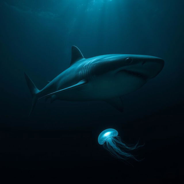 A large shark gliding through the deep ocean, showcasing its powerful body cutting through the dark, mysterious waters