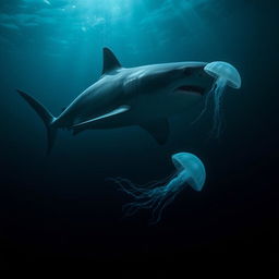 A large shark gliding through the deep ocean, showcasing its powerful body cutting through the dark, mysterious waters