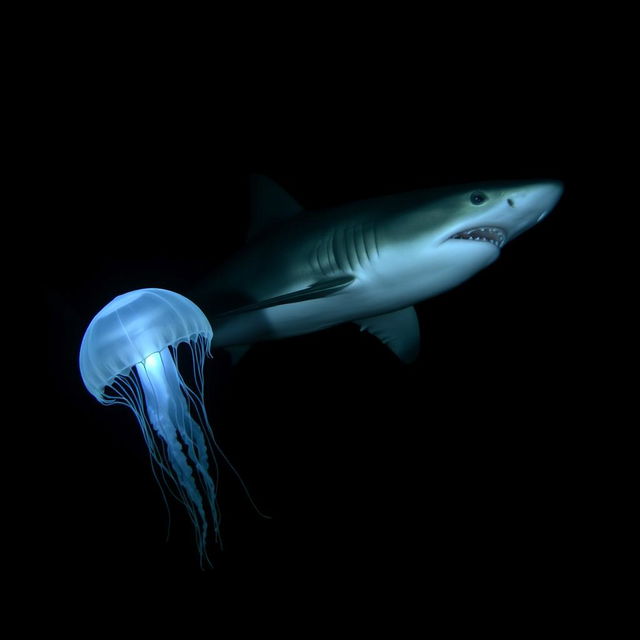 A large shark gliding through the deep ocean, its powerful body cutting through the dark waters