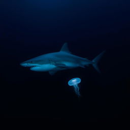 A large shark gliding through the deep ocean, its powerful body cutting through the dark waters