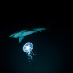 A large shark gliding through the deep ocean, its powerful body cutting through the dark waters