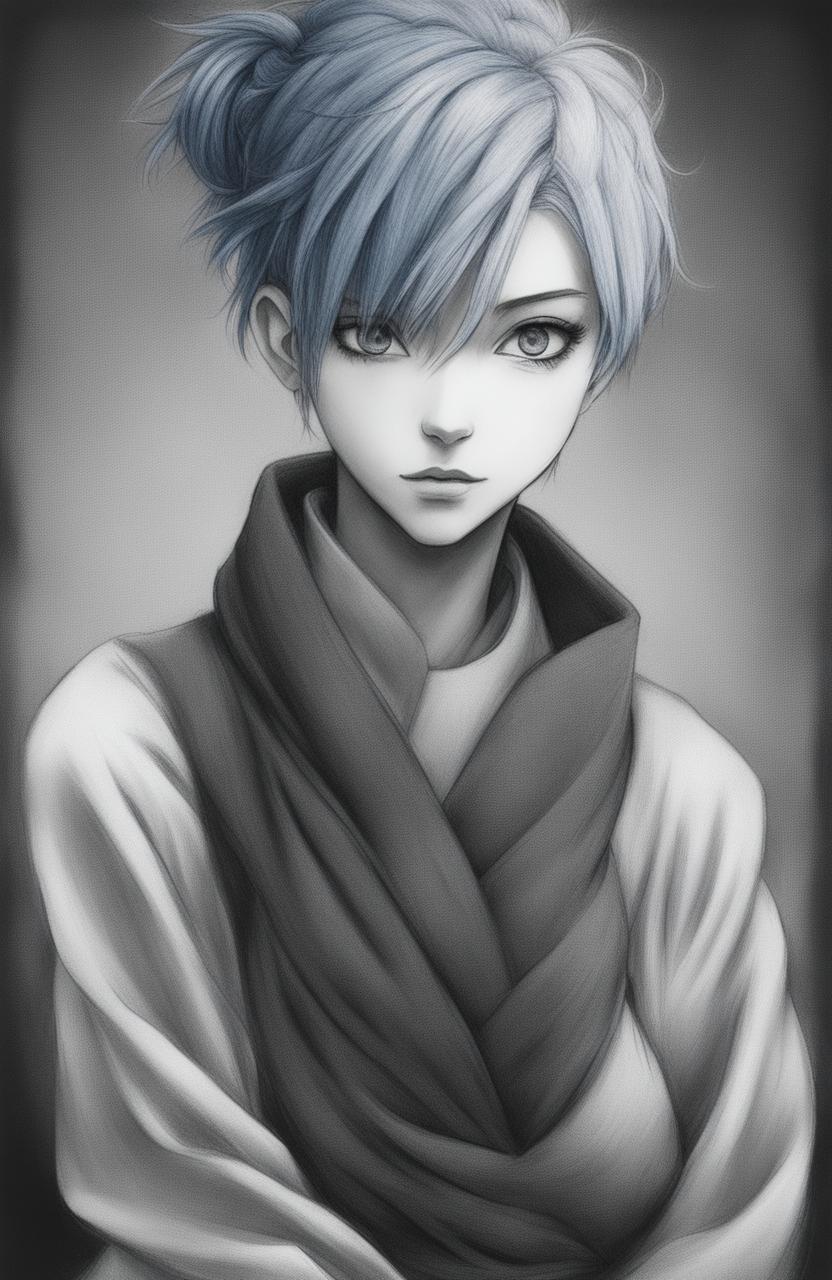 A detailed charcoal drawing of a blue-haired girl in the style of Jujutsu Kaisen