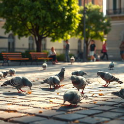 An animated image of a few pigeons playfully pecking at crumbs in a peaceful plaza, surrounded by a small number of people