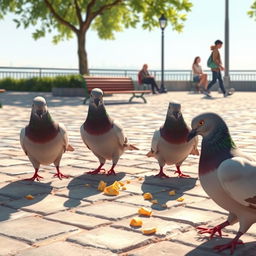 An animated image of a few pigeons playfully pecking at crumbs in a peaceful plaza, surrounded by a small number of people