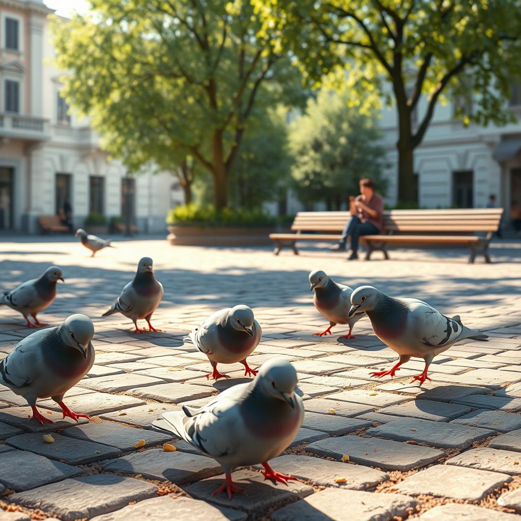 An animated image of a few pigeons playfully pecking at crumbs in a peaceful plaza, surrounded by a small number of people