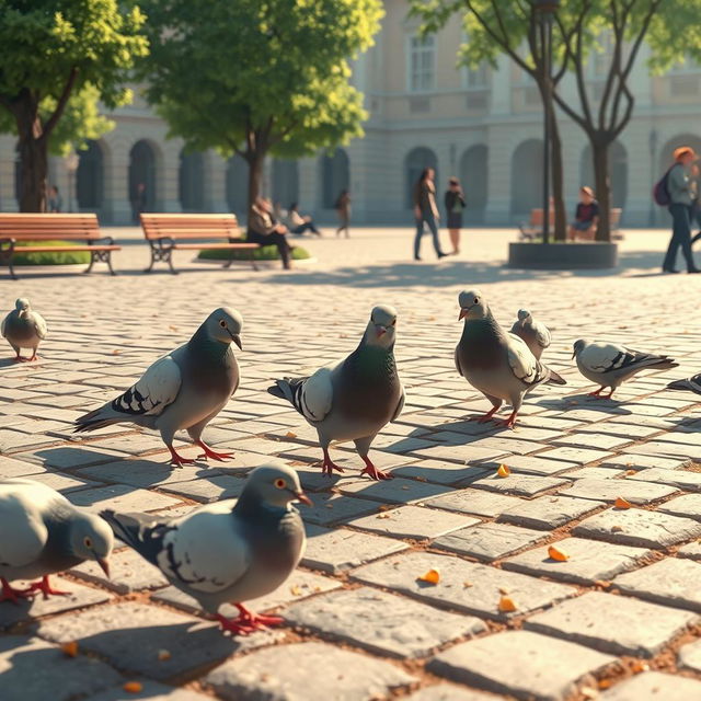 An animated image of a few pigeons playfully pecking at crumbs in a peaceful plaza, surrounded by a small number of people