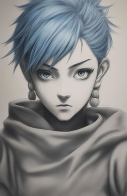 A detailed charcoal drawing of a blue-haired girl in the style of Jujutsu Kaisen