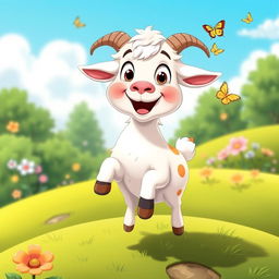 A cheerful cartoon goat standing on a lush green hillside, with big expressive eyes and a playful smile