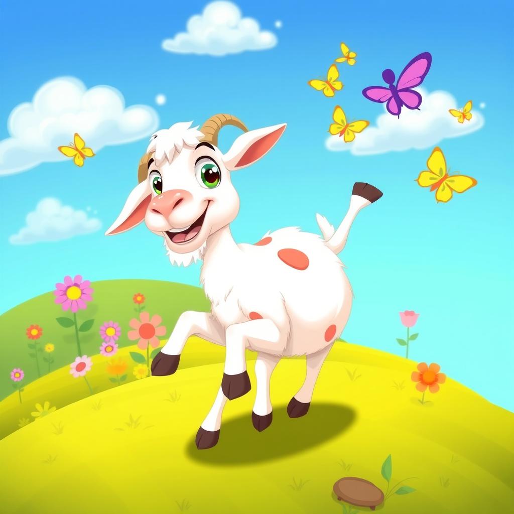 A cheerful cartoon goat standing on a lush green hillside, with big expressive eyes and a playful smile