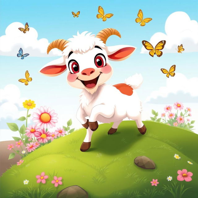 A cheerful cartoon goat standing on a lush green hillside, with big expressive eyes and a playful smile