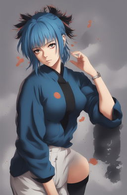 A high quality digital art piece of a blue-haired girl in the style of Jujutsu Kaisen, with her hair and features meticulously detailed, capturing the unique art style of the anime